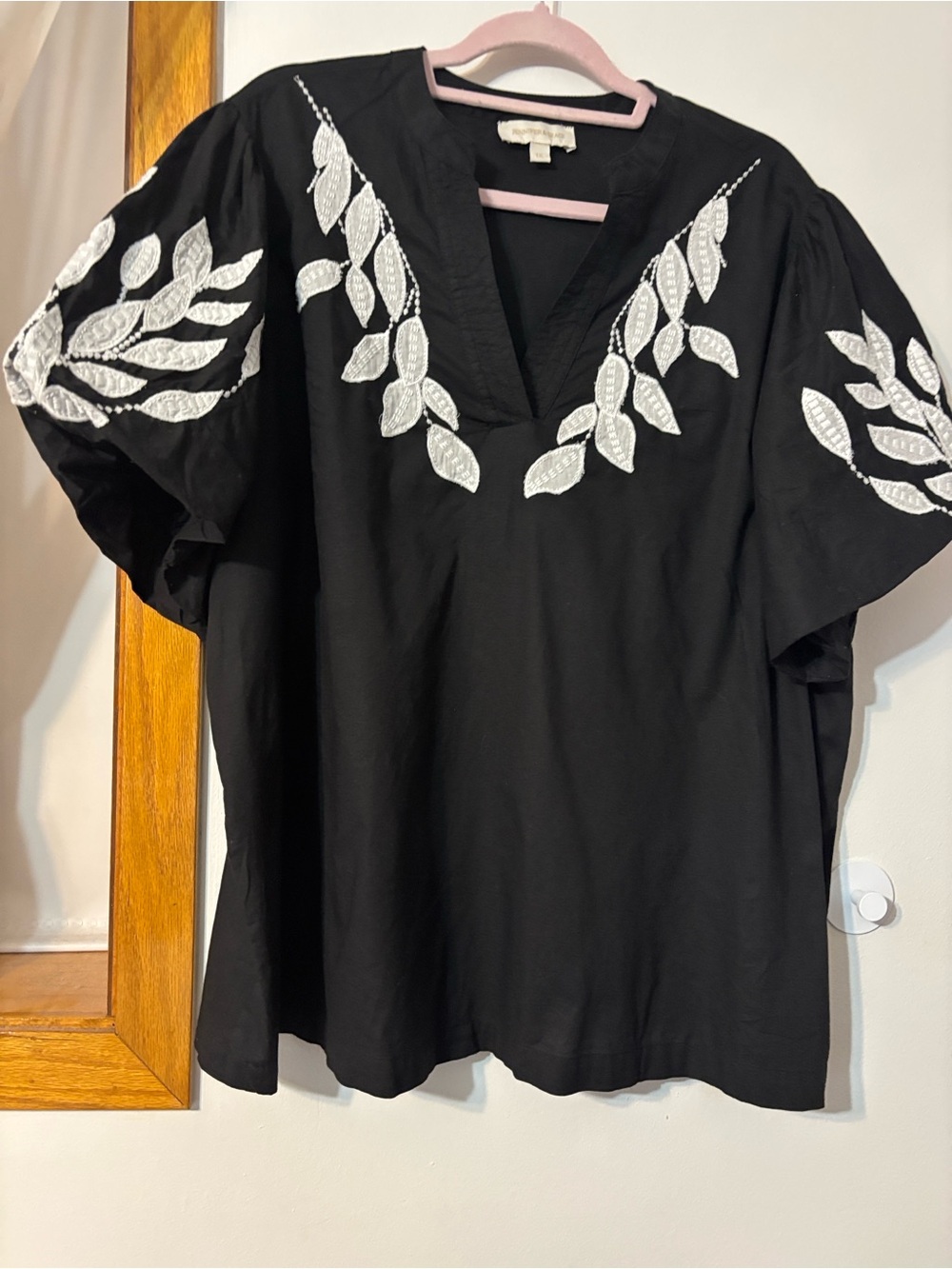 Women's Black Embroidered V-Neck Tunic with White Leaf Detail